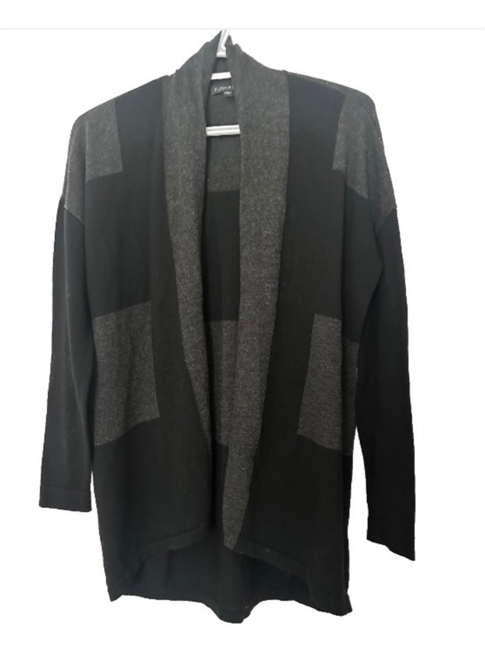 Eileen Fisher Size XS Black/Gray Merino Wool ColorBlock Cardigan Shawl Neckline